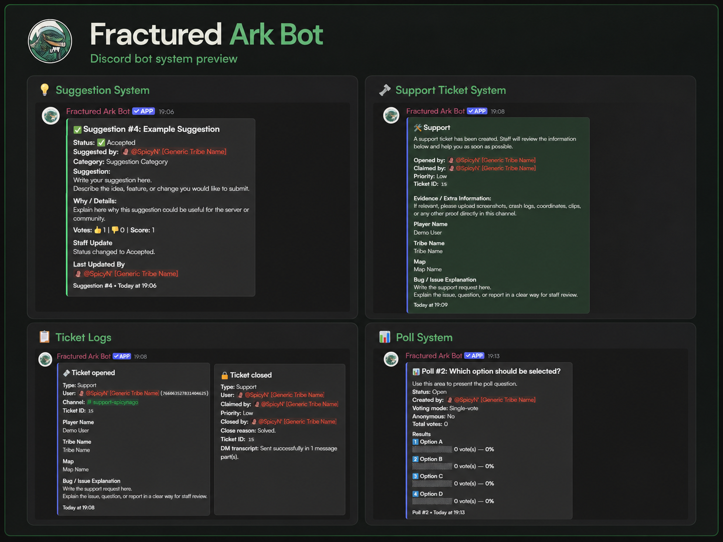 Fractured Ark Bot preview showing suggestions, tickets, logs, and polls